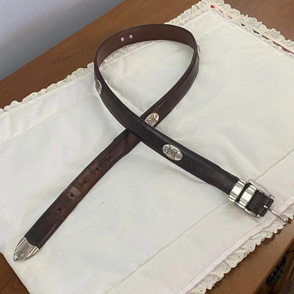 AML 3000 VTG Brown Top Grain Oil Tan Leather Golf Belt Silver Tone Concho Sz 36